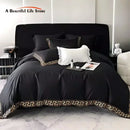 GobekUsa Gold Embroidery Duvet Set, Black Egyptian Cotton Bedding, 1000TC, Double King Queen