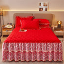 GobekUsa Cotton Lace Ruffles Quilted Bed Skirt Set with Pillowcases