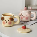 GobekUsa Animal Ceramic Mug Set: Pig Dog Design, Lid, Spoon, Saucer - Breakfast Coffee Cup
