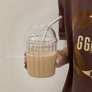 GobekUsa 450ml Striped Glass Cup with Lid and Straw, Ideal for Coffee, Juice, Milk, or Tea