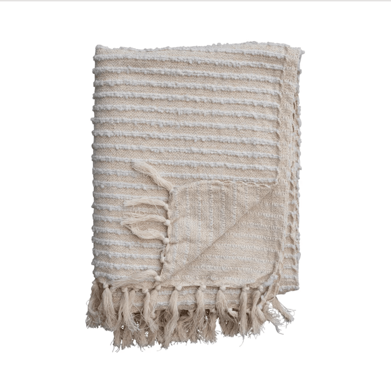 Cotton & Acrylic Throw w/ Fringe, Stripes & Gold Thread, Beige & White