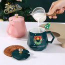 GobekUsa Christmas Ceramic Mug Set with Lid, Spoon - Festive Santa Claus & Elk Design