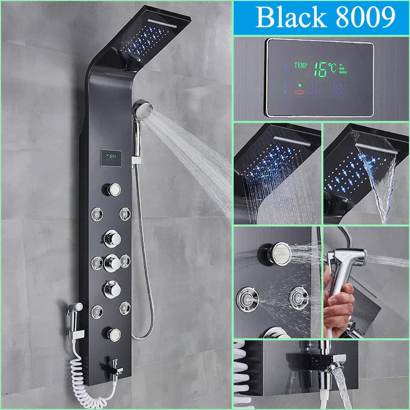 GobekUsa LED Blue Light Shower System with Temperature Display, Massage Column, Waterfall Rainfall, photo 7 of 16