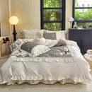 GobekUsa French Flowers Lace Ruffles Cotton Bedding Set with Duvet Cover, Bed Skirt, and Pillowcases