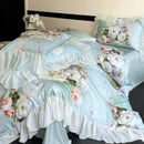 GobekUsa French Flowers Lace Ruffles Bedding Set: Soft Silky Ice Silk for Single Queen King