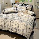 GobekUsa Korean Black White Hepburn Style Bedding Set with Lace Fitted Sheet Set