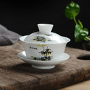 GobekUsa Lotus Hand-Drawn Gaiwan Tea Set - White Porcelain Jingdezhen Teapot Puer Cup