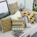 GobekUsa Geometric Canvas Cotton Cushion Cover - Yellow Grey/White Embroidery Square Pillow Cover