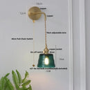 GobekUsa Clear Glass LED Wall Sconce with Pull Chain Switch, Brass E27, Bedroom Reading Light