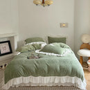 GobekUsa French Carved Velvet Lace Ruffles Bedding Set, Coral Velvet Duvet Cover, Luxury Bed Sheet