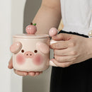 GobekUsa Animal Ceramic Mug Set: Pig Dog Design, Lid, Spoon, Saucer - Breakfast Coffee Cup