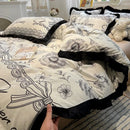 GobekUsa Korean Black White Hepburn Style Bedding Set with Lace Fitted Sheet Set