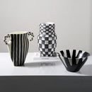 GobekUsa Black Check Geometric Striped Ceramic Vase - Handcrafted Floral Arrangement Pot