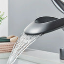 GobekUsa Black Brass Waterfall Basin Faucet, Single Handle Deck Mount Vanity Tap