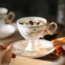 GobekUsa Gold Flower Ceramic Cup & Saucer Set - Elegant Goblet Mugs for Coffee, Tea, Juice