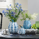 GobekUsa Blue White Porcelain Pumpkin Vase Desk Decoration Artificial Flowers Bouquet
