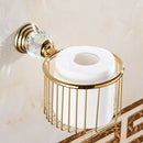 GobekUsa Brass and Crystal Bathroom Accessories Set: Shelf, Robe Hook, Paper Holder, Brush Holder