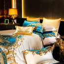 GobekUsa Embroidered Gold Blue Brocade Cotton Bedding Set with Duvet Cover, Sheets, Pillowcases