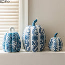 GobekUsa Blue White Porcelain Pumpkin Vase Desk Decoration Artificial Flowers Bouquet