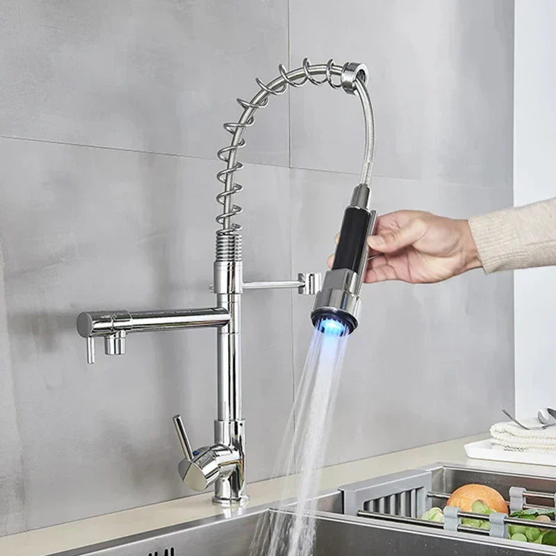 GobekUsa LED Brushed Kitchen Faucet with Pull-Down Spring, Single Handle Swivel Spout, photo 9 of 13