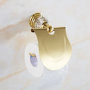 GobekUsa Brass and Crystal Bathroom Accessories Set: Shelf, Robe Hook, Paper Holder, Brush Holder