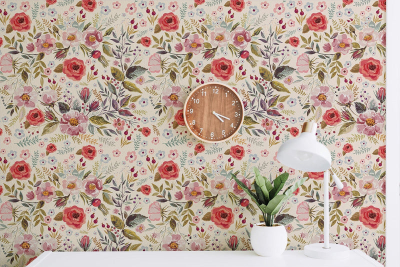 Red Floral Mural Wallpaper