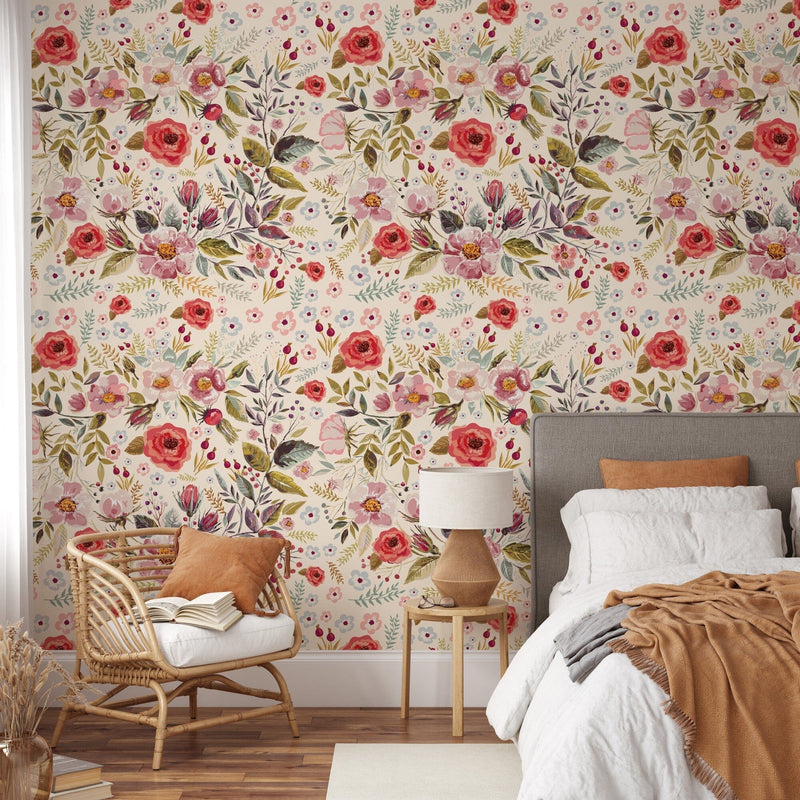 Red Floral Mural Wallpaper