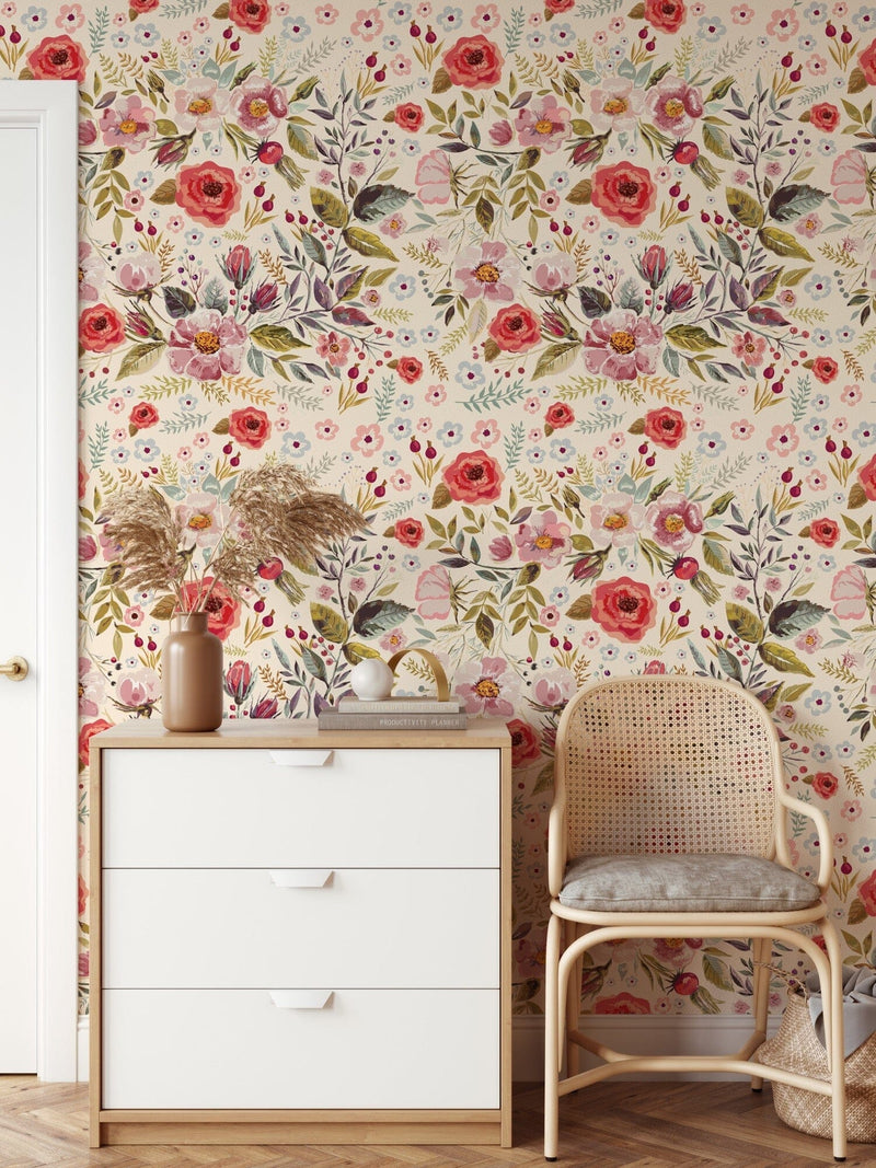 Red Floral Mural Wallpaper