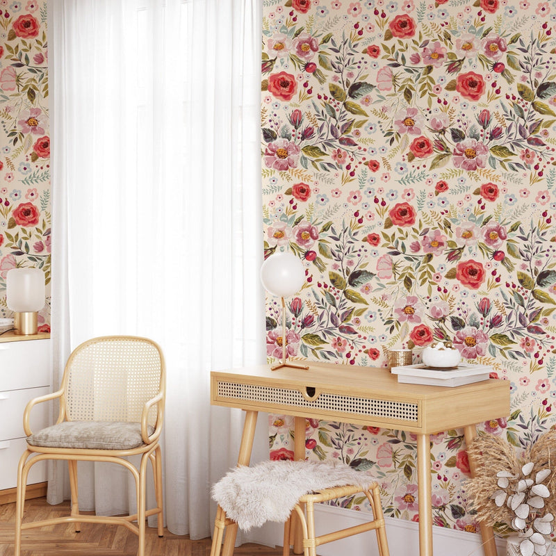 Red Floral Mural Wallpaper