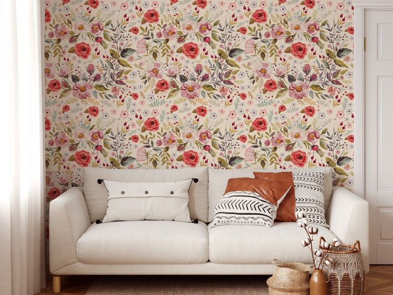 Red Floral Mural Wallpaper