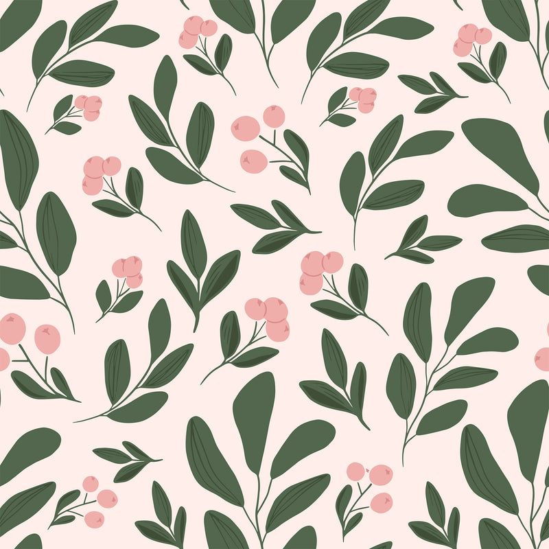 Pink Berry and Green Leaf Botanical Removable Wallpaper