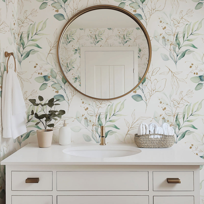 Watercolor Botanical Wallpaper with Gold Accents