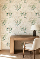 Watercolor Botanical Wallpaper with Gold Accents