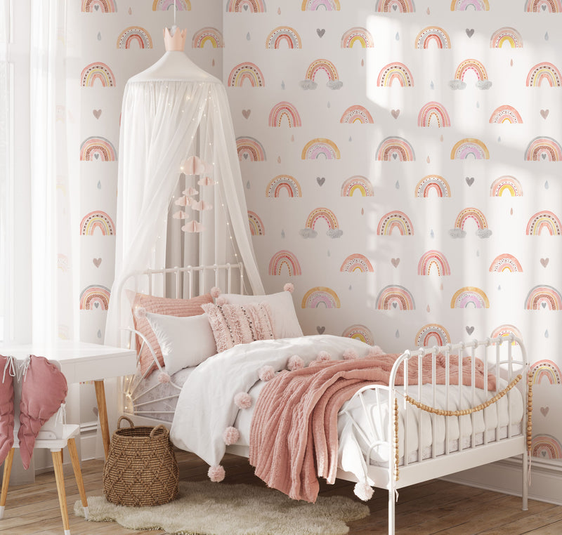 Whimsical Watercolor Rainbow Wallpaper - Hand Painted Pastel Nursery Wallpaper