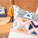GobekUsa Embroidered Blue Tufted Boho Pillow Cover with Tassel, Lumbar Decorative Cushion