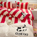 GobekUsa Cat Embroidery Stripes Bedding Set - Single Queen Size Bedclothes