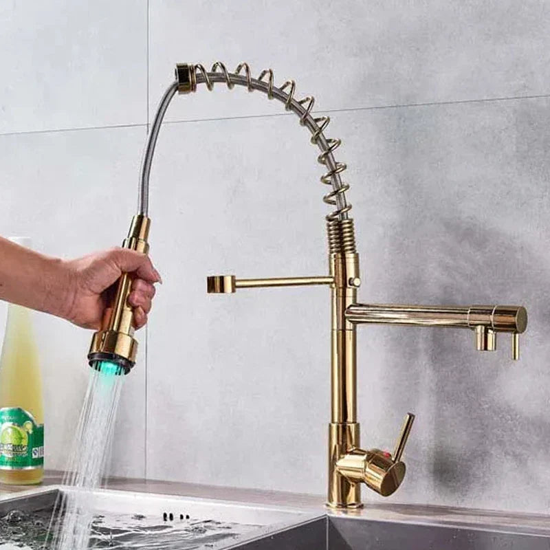 GobekUsa LED Brushed Kitchen Faucet with Pull-Down Spring, Single Handle Swivel Spout, photo 8 of 13