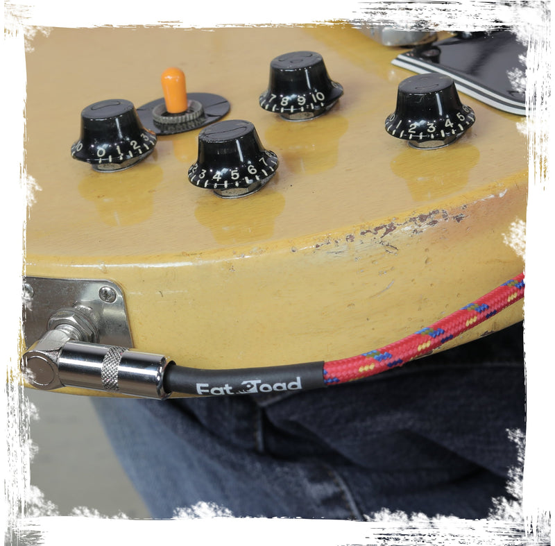 Guitar Cable Right Angled to 1/4 Straight-End Instrument Cord Tweed Cloth Jacket by FAT TOAD | Braided Woven 20FT Quarter Inch Gold Jack TS for Electric Guitar, Bass, Keyboards | Shielded 24 AWG Patch