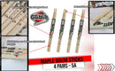 GRIFFIN Attack Zzzap Drum Sticks - 4 Pairs of Select Elite Maple Wood Size 5A - Premium Balanced, Level and Straight - Drummers Percussion Classic Pure Grit Uncoated, Raw Wood Drumming Sticks