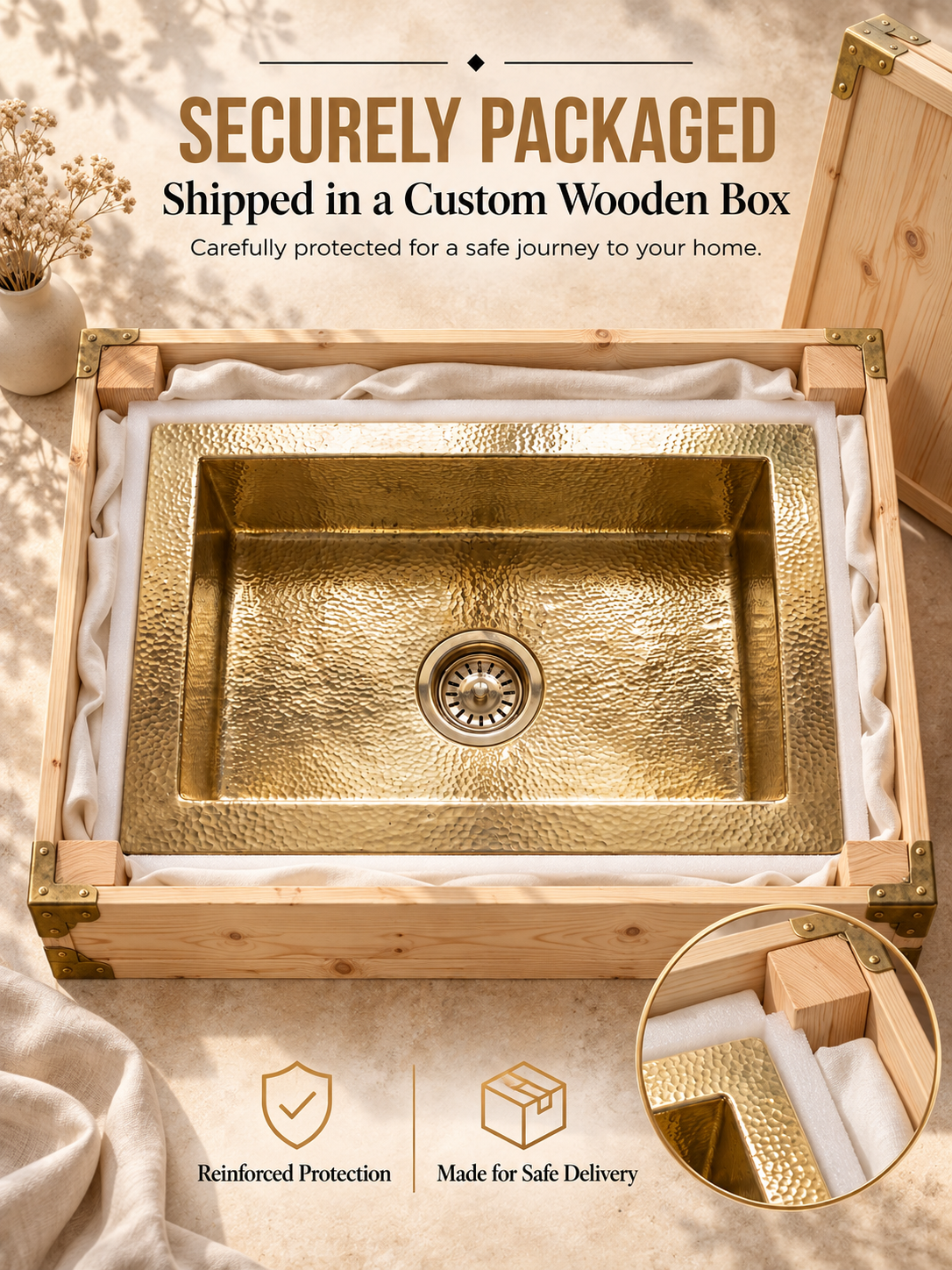 Kitchen Hammered Brass Bar Sink, packed in its shipping crate