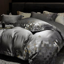 GobekUsa 4-Piece Luxury Embroidery Bedding Set in Pearl White/Grey Satin Brocade Cotton