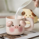 GobekUsa Animal Ceramic Mug Set: Pig Dog Design, Lid, Spoon, Saucer - Breakfast Coffee Cup