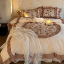 GobekUsa 100% Cotton French Print Lace Ruffles Bedding Set - 4 Piece Bed Sets