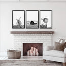 Black White Set of 3 Farm Style Prints. Windmill, Barn, Vane by Wall Art Set