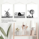 Black White Set of 3 Farm Style Prints. Windmill, Barn, Vane by Wall Art Set