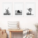 Black White Set of 3 Farm Style Prints. Windmill, Barn, Vane by Wall Art Set