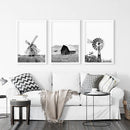 Black White Set of 3 Farm Style Prints. Windmill, Barn, Vane by Wall Art Set