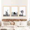 Black White Set of 3 Farm Style Prints. Windmill, Barn, Vane by Wall Art Set