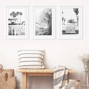 Black White California Surfing Prints. Van, Ocean Wave, Surfboards by Wall Art Set