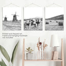 Farmhouse Black White Wall Art. Windmill, 3 Cows, Hay Bales by Wall Art Set